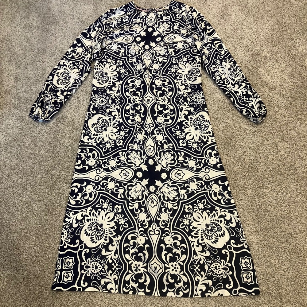 Boden Navy Ivory Damask Silk Blend Long Sleeve Midi Dress 6R Boho Dark Academia